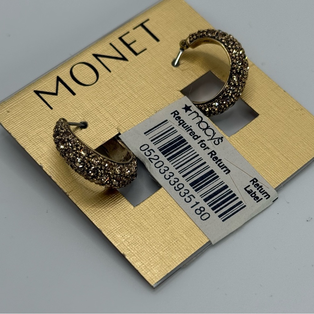 Monet Gold Tone Hoop Rhinestone Earrings NWT - Picture 7 of 8